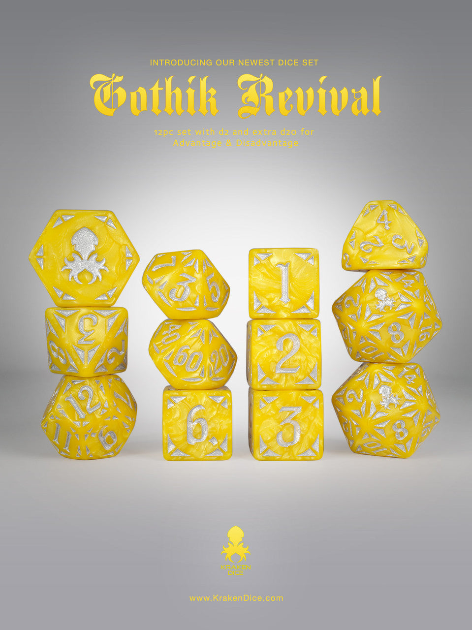 Yellow Gothik Revival RPG 12pc Dice Set